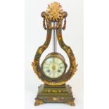 A 19TH CENTURY FRENCH WOODEN LYRE SHAPED CLOCK handpainted with floral decoration and with ormolu