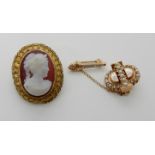 AN AGATE CAMEO OF A MAIDEN AND A SORORITY BROOCH the agate cameo is set in a bright yellow metal