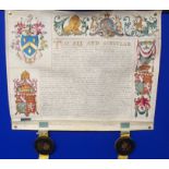 A CASED 18TH CENTURY INDENTURE SCROLL TO NICOLAS FIOTT with wax seals, 39 x 50cm in fitted leather