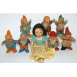 CHAD VALLEY SNOW WHITE AND SEVEN DWARFS 1930s, with felt pressed faces, painted features, cloth