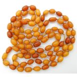 A STRING OF AMBER COLOURED BEADS largest bead approx 12.6mm x 8.9mm, smallest bead 10.5mm x 7.2mm.