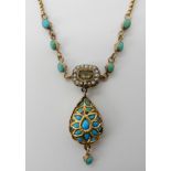 AN UNUSUAL TURQUOISE AND PEARL NECKLACE with an Indian style yellow metal pear shaped drop set