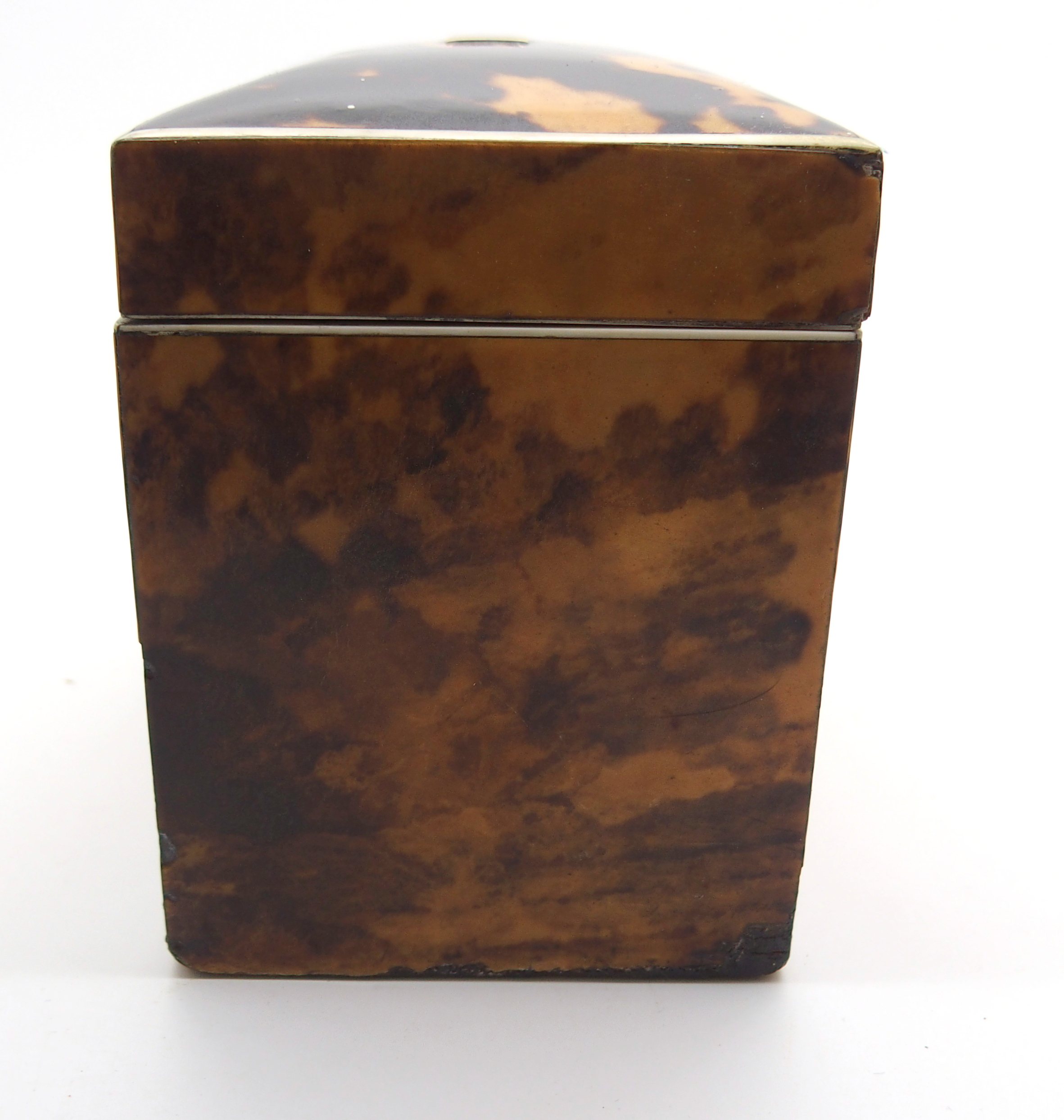 A REGENCY TORTOISESHELL TEA CADDY of rectangular form, with hinged lid with single lidded - Image 8 of 11