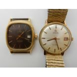 TWO OMEGA WATCHES a gents Omega Geneve Automatic, with cream dial gold coloured baton numerals and