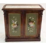 A PAIR OF VICTORIAN ROSEWOOD CHIFFONIERS with marble tops, decorative gouache floral glazed panels