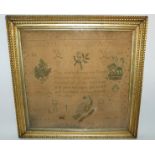A GEORGE IV ALPHABET SAMPLER decorated with exotic birds by Isabella Town dated 1828, 53 x 53cm
