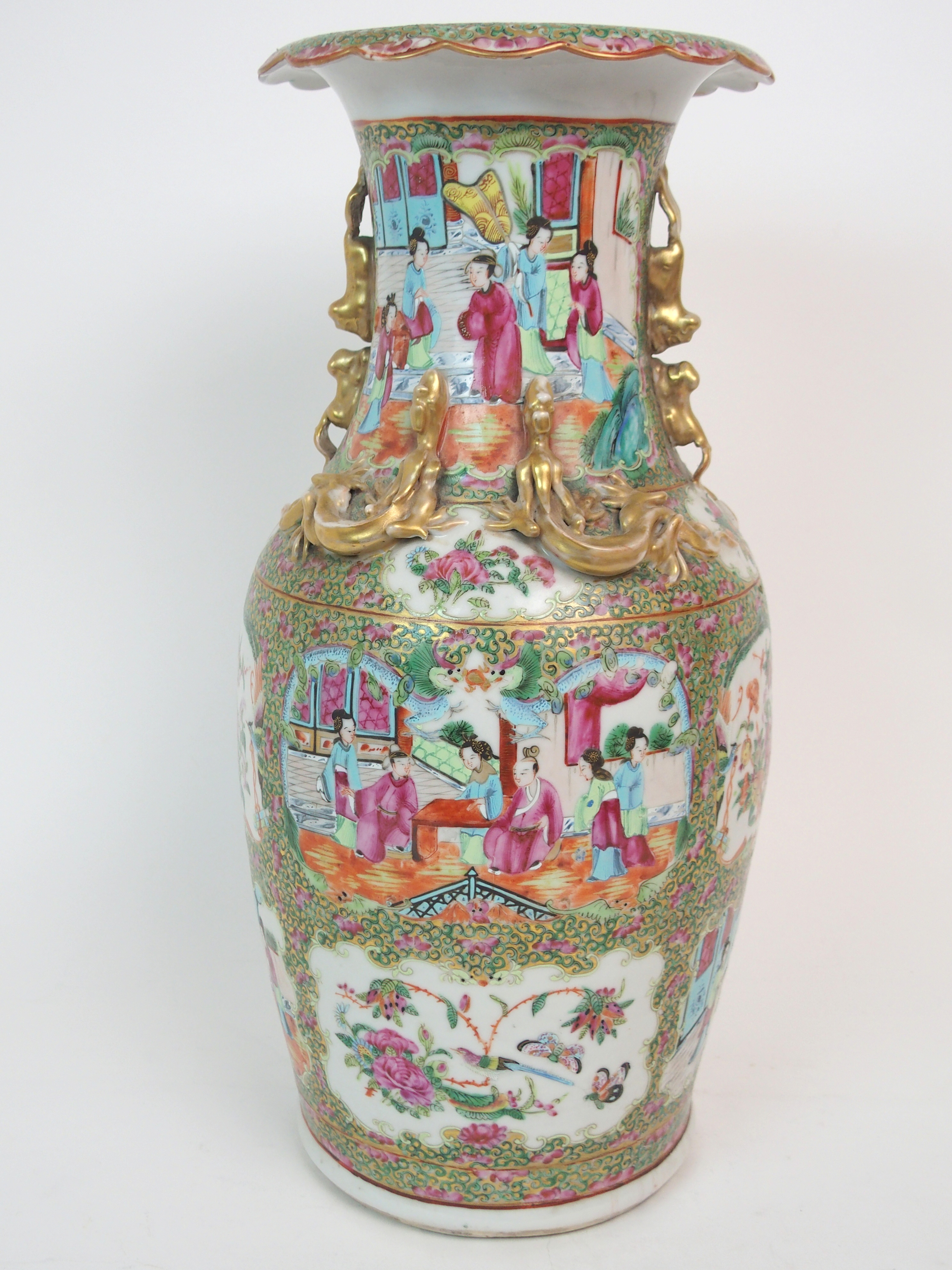 A CANTONESE BALUSTER VASE painted with panels of figures on balconies, birds, flowers and insects - Image 6 of 12