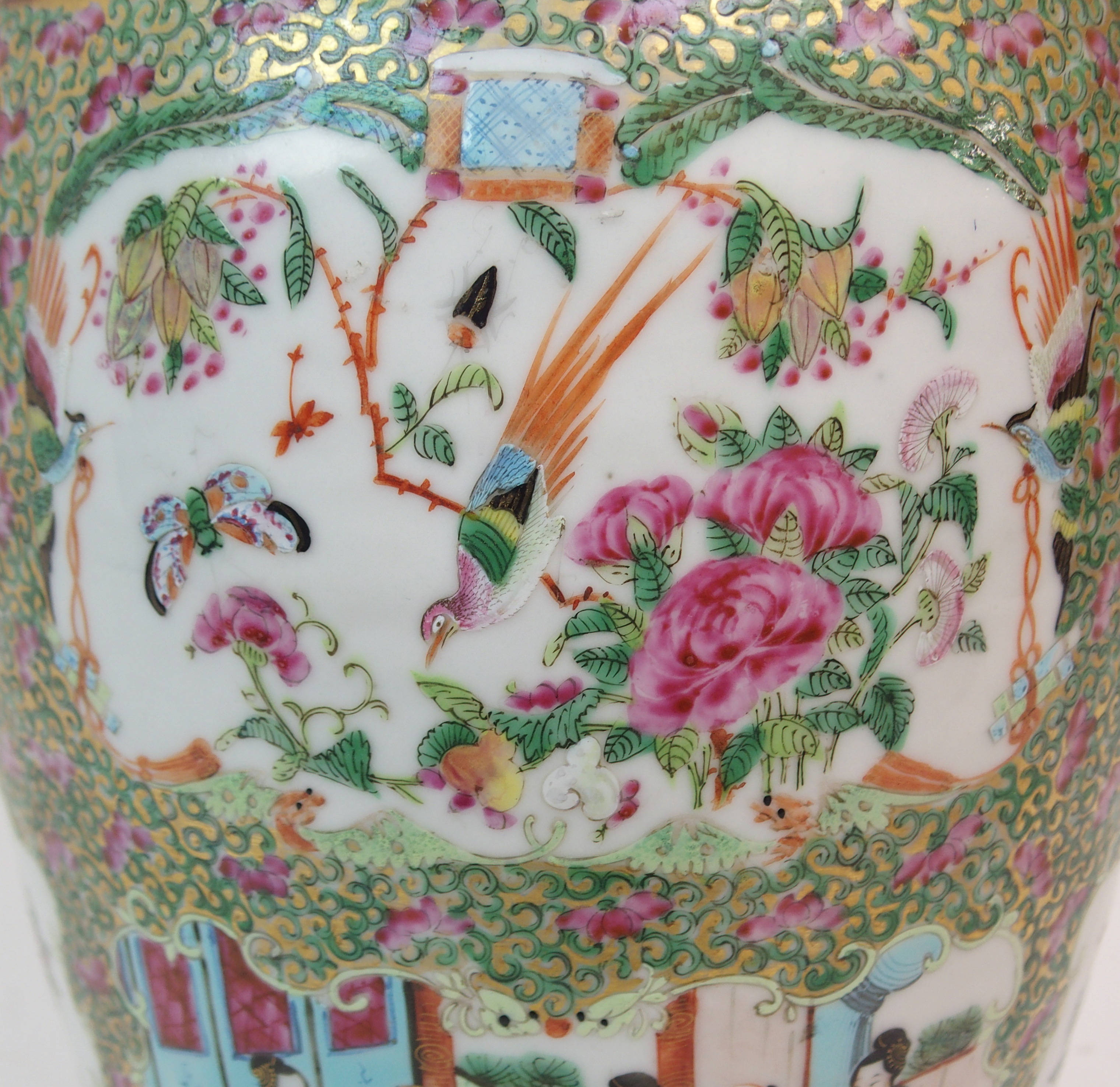 A CANTONESE BALUSTER VASE painted with panels of figures on balconies, birds, flowers and insects - Image 12 of 12