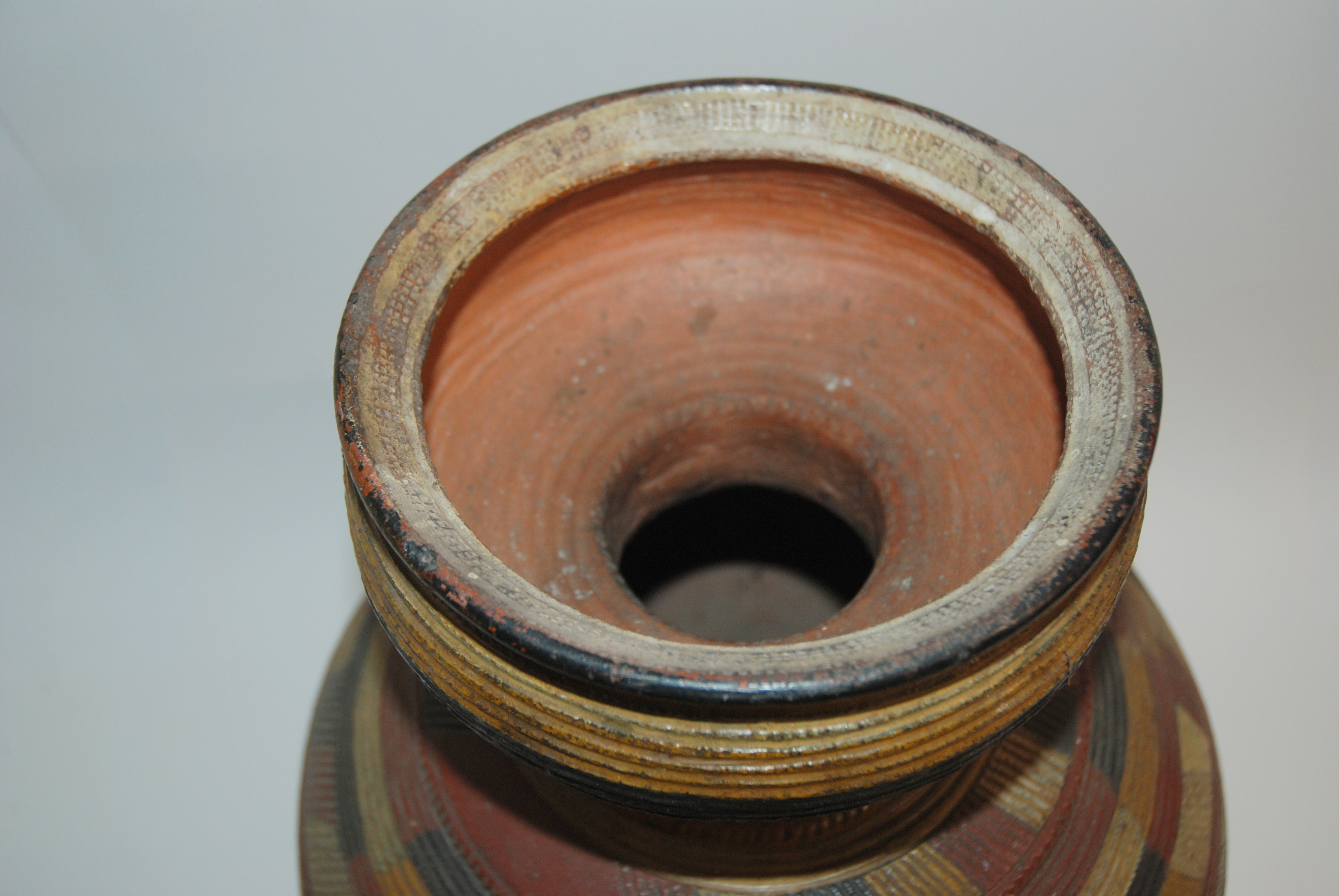 A NIGERIAN POTTERY GOURD SHAPED VESSEL incised and painted with geometric banding in colours, 36cm - Image 4 of 8