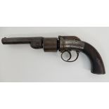 A 19TH CENTURY 80-BORE SIX-SHOT PERCUSSION TRANSITIONAL REVOLVER 10cm octagonal sighted barrel,