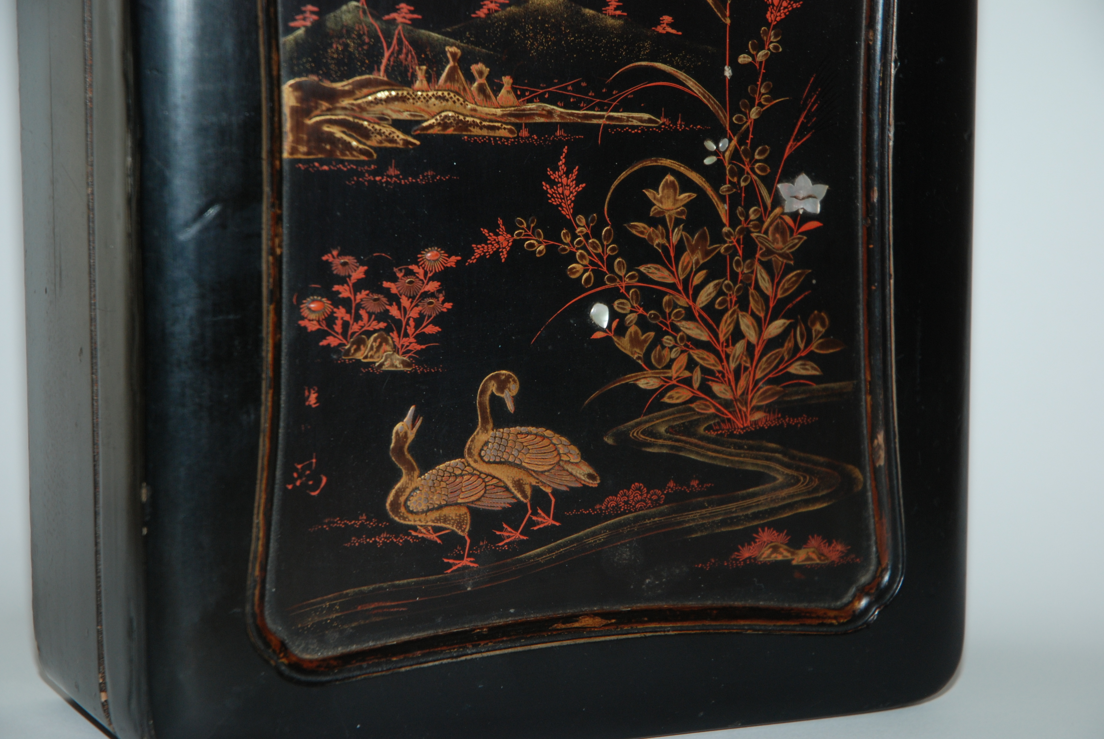 A CHINESE BLACK LACQUERED GAMES BOX the cover decorated with birds and flowers in a river landscape, - Image 3 of 9