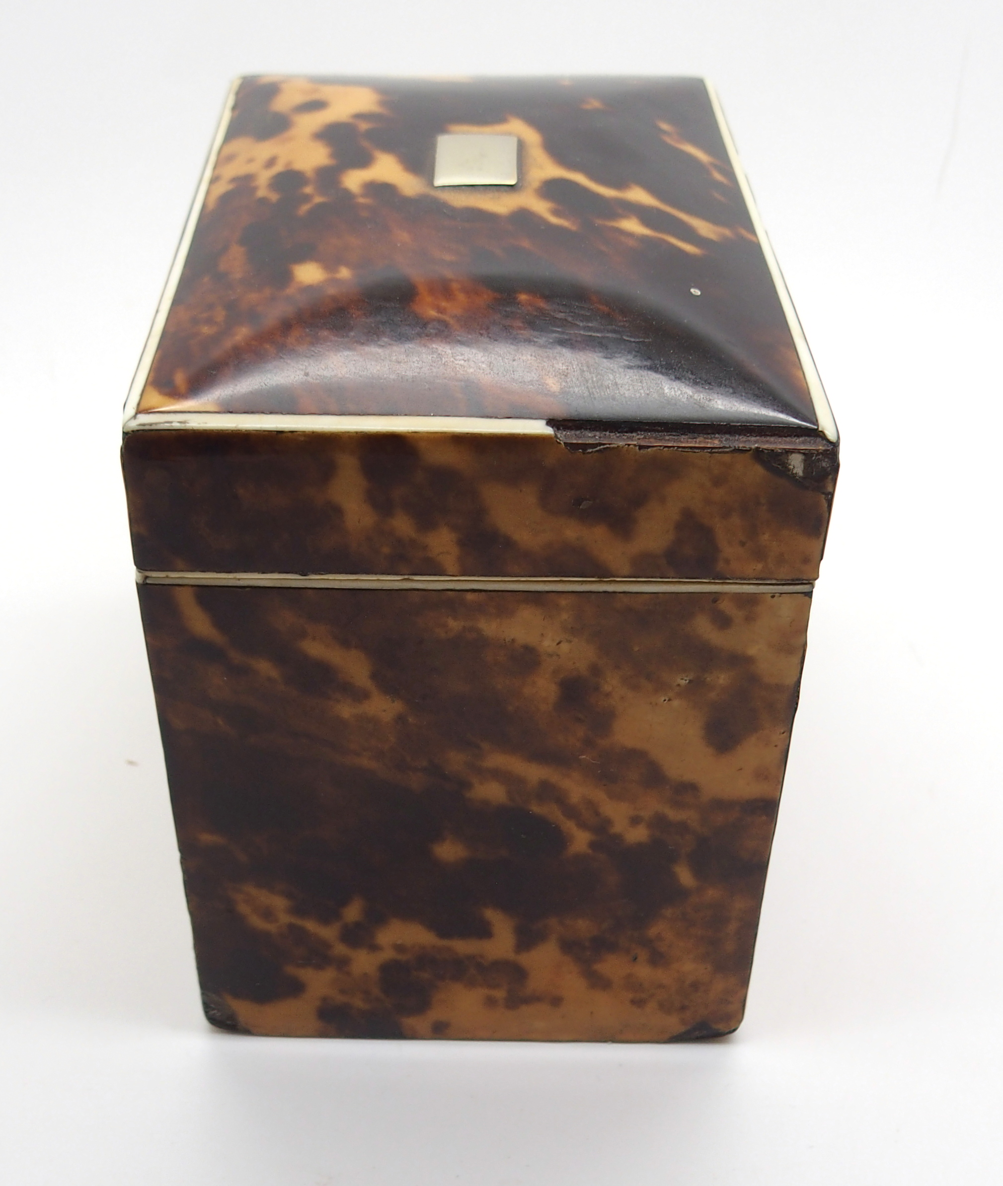 A REGENCY TORTOISESHELL TEA CADDY of rectangular form, with hinged lid with single lidded - Image 4 of 11