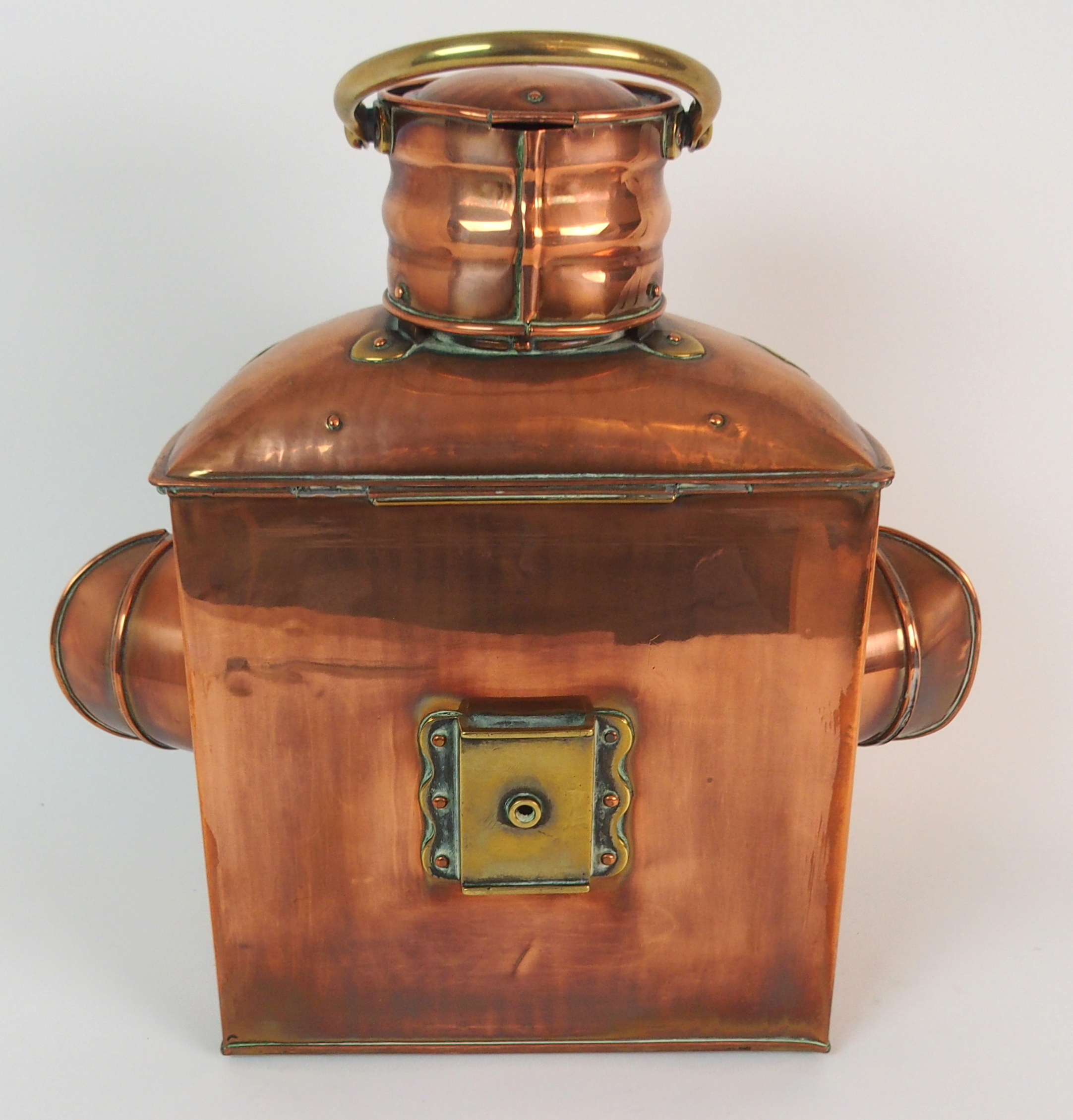 A VICTORIAN COPPER PORT & STARBOARD SHIPS LANTERN with hinged top and swing handle, with interior - Image 10 of 10