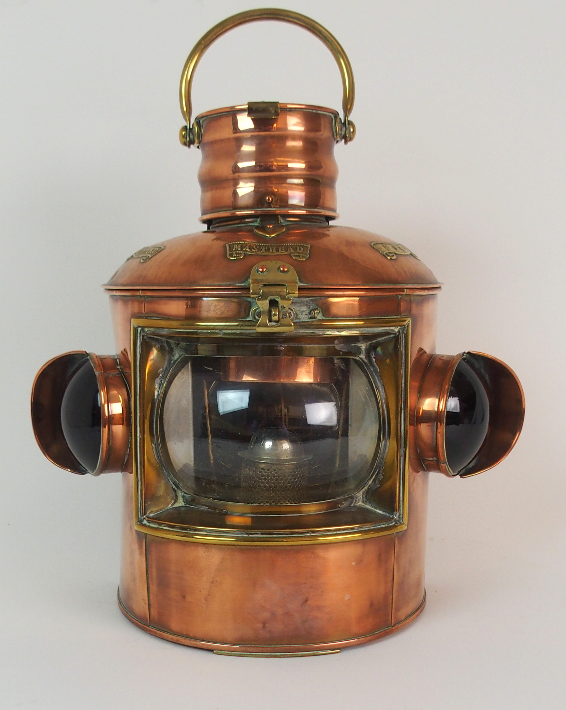 A VICTORIAN COPPER PORT & STARBOARD SHIPS LANTERN with hinged top and swing handle, with interior - Image 2 of 10