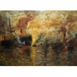 JAMES KAY RSA, RSW (SCOTTISH 1858-1942) SHIPPING ON THE CLYDE AT EVENING SUNSET Oil on canvas board,