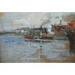 JAMES KAY RSA, RSW (SCOTTISH 1858-1942) IN TOW ON THE CLYDE Gouache and watercolour, signed, 16.5