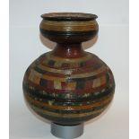 A NIGERIAN POTTERY GOURD SHAPED VESSEL incised and painted with geometric banding in colours, 36cm