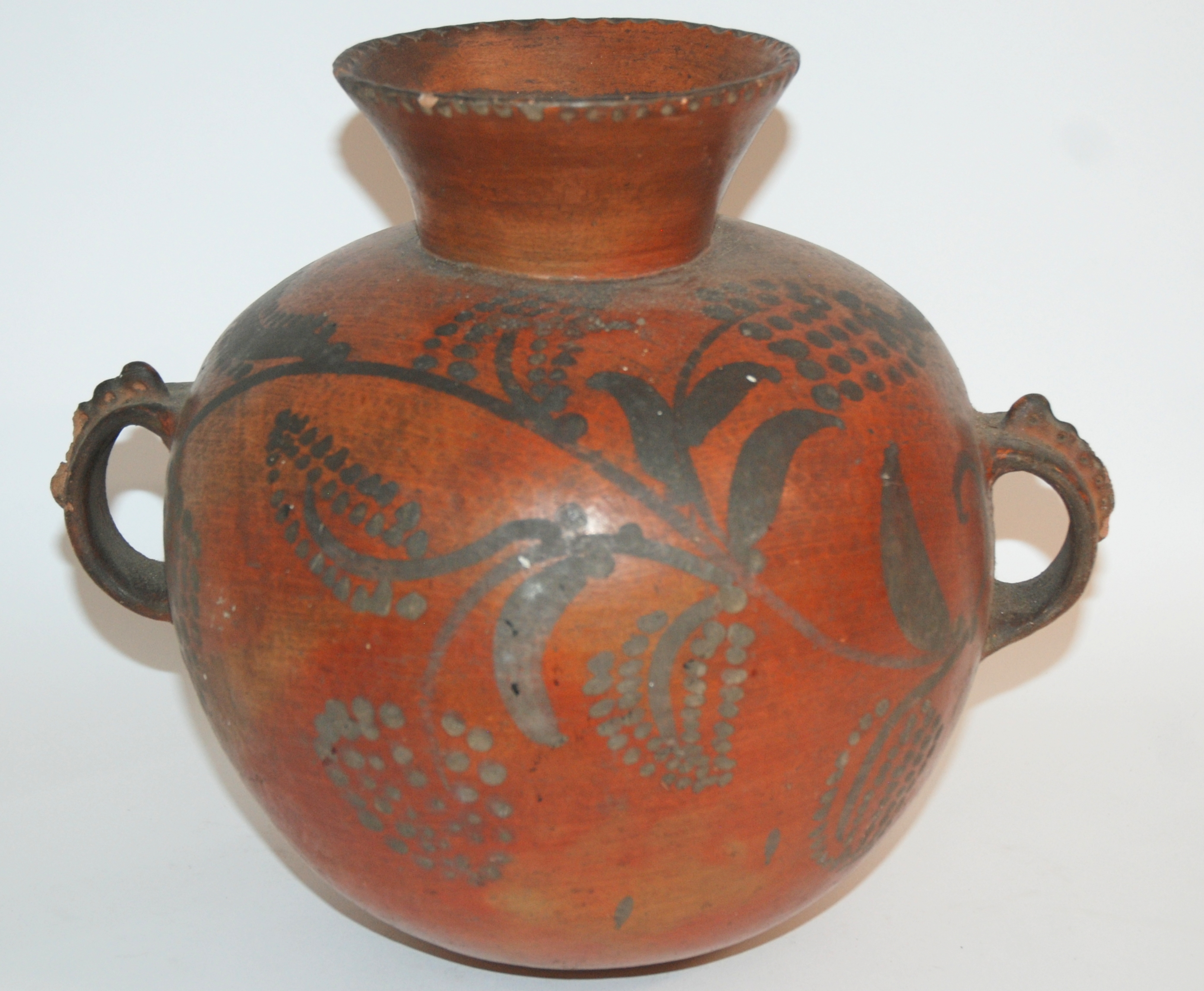 A NIGERIAN POTTERY GOURD SHAPED VESSEL incised and painted with geometric banding in colours, 36cm - Image 7 of 8