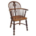 A 19TH CENTURY YEW WOOD WINDSOR CHAIR by William Gilling, Worksop, the back having a pierced back