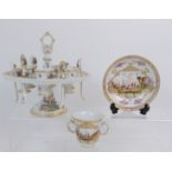 A MEISSEN STYLE EGG CRUET comprising six egg cups and spoons in a stand, painted with birds, insects