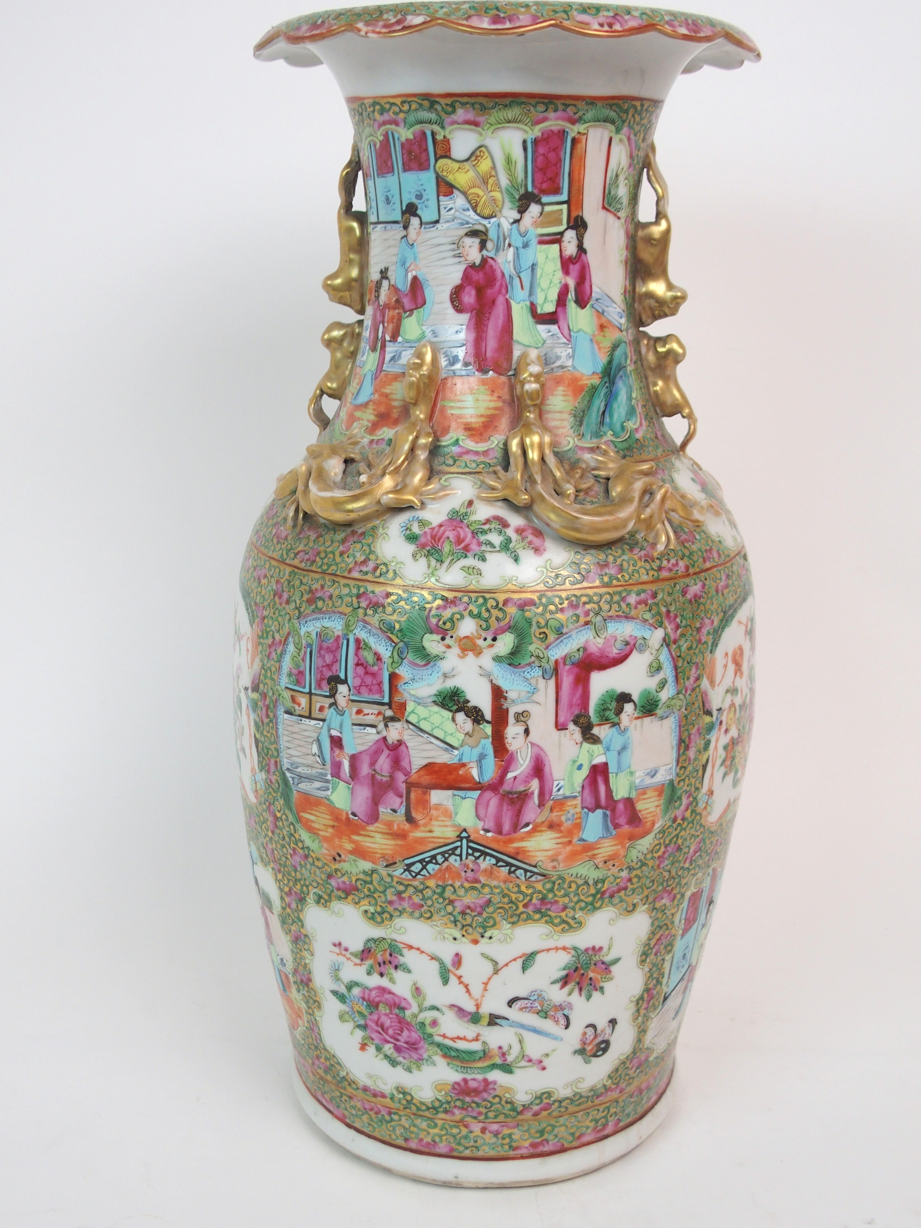 A CANTONESE BALUSTER VASE painted with panels of figures on balconies, birds, flowers and insects - Image 5 of 12