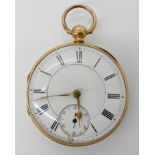 AN 18CT GOLD JAMES FORREST & CO OPEN FACE POCKET WATCH with a white enamel dial black Roman numerals