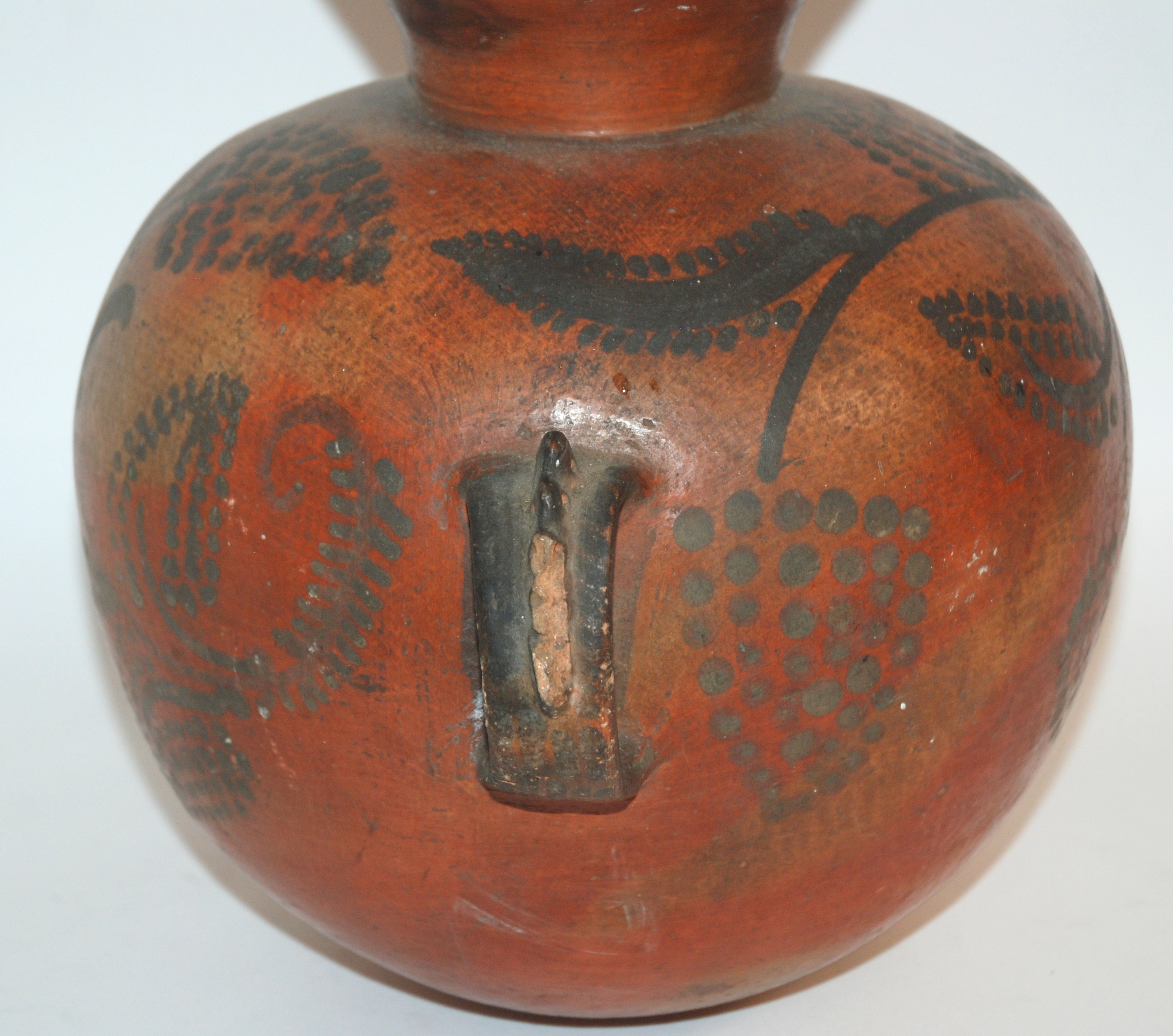 A NIGERIAN POTTERY GOURD SHAPED VESSEL incised and painted with geometric banding in colours, 36cm - Image 6 of 8