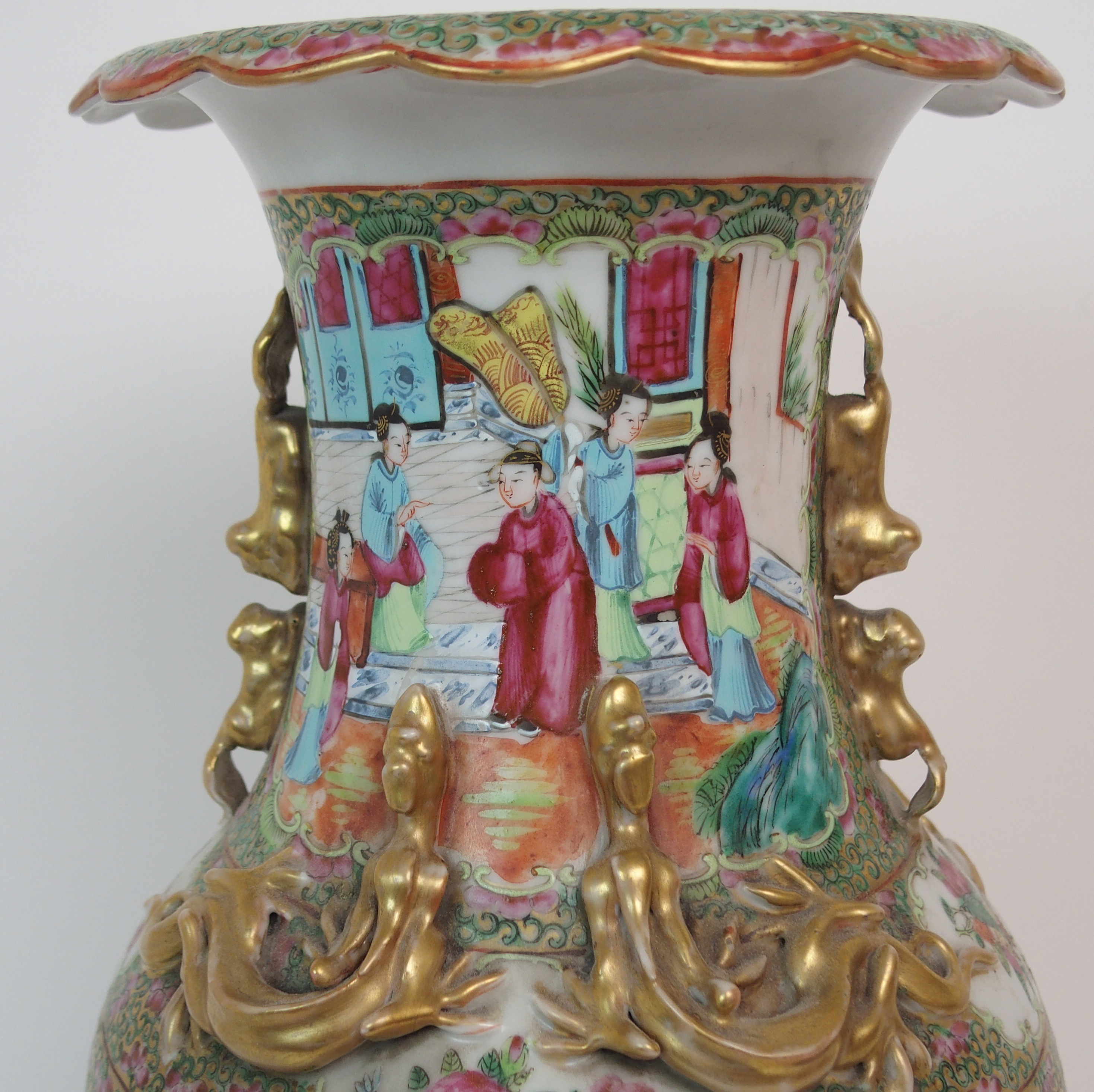 A CANTONESE BALUSTER VASE painted with panels of figures on balconies, birds, flowers and insects - Image 3 of 12