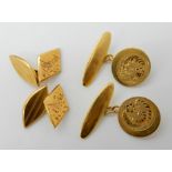 TWO PAIRS OF CHINESE GOLD CUFFLINKS a pair with a flower engraved rondel, diameter 14.7mm, full
