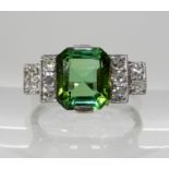 AN 18CT WHITE GOLD ART DECO STYLE TOURMALINE AND DIAMOND RING the tourmaline is bi-colour blue/green