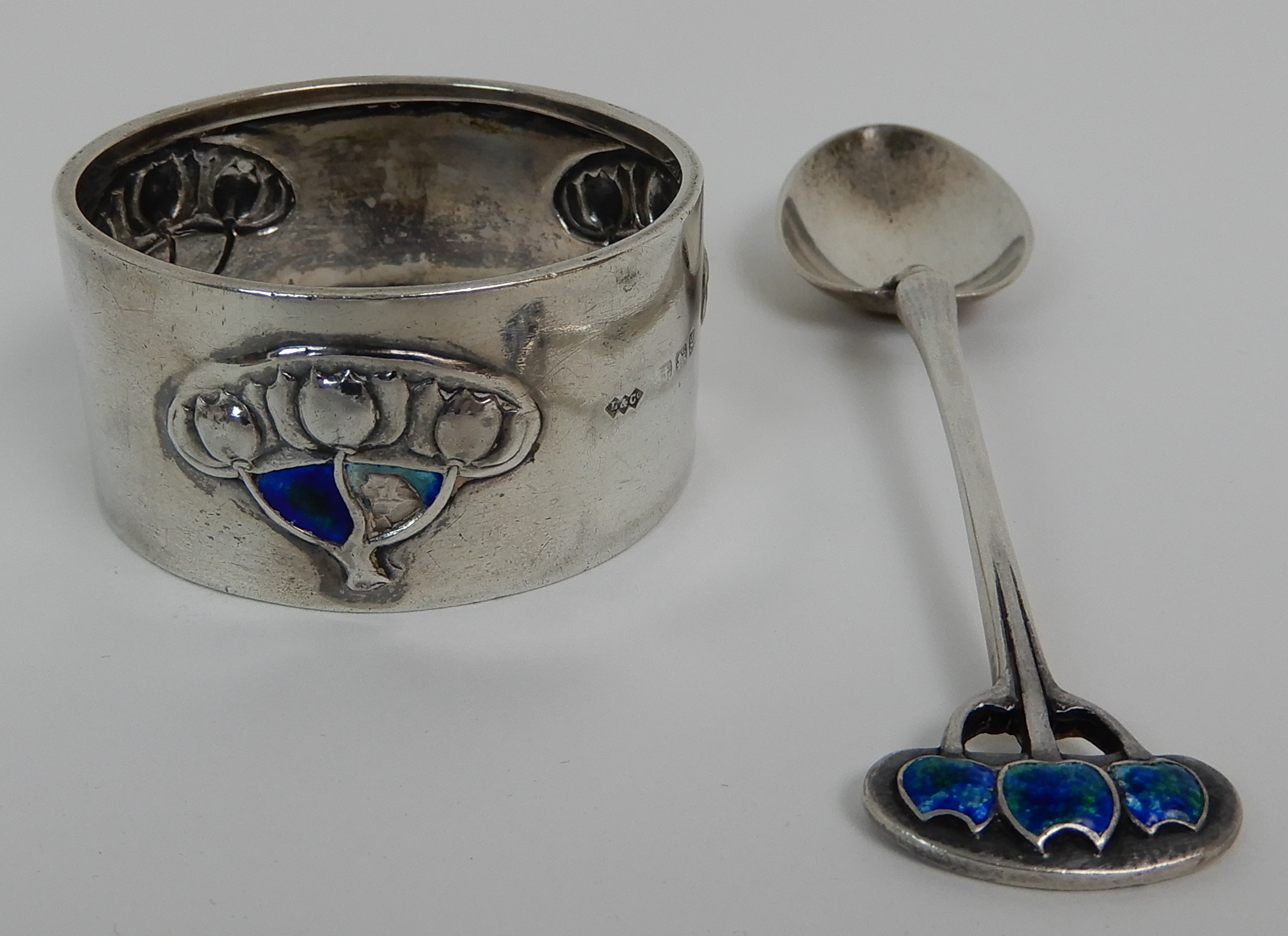 A CASED TWO PIECE ART NOUVEAU SILVER CHRISTENING SET by Liberty & Company, Birmingham 1906 and - Image 4 of 10