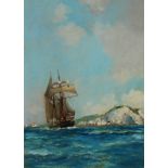 •FRANK HENRY MASON RBA, RI (BRITISH 1876-1965) TALL SHIP OFF DOVER Oil on board, signed, 42 x