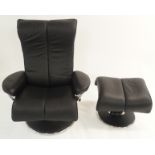 AN EKORNESS STRESSLESS BLACK LEATHER SWIVEL RECLINING CHAIR with chrome frame, circular base 108cm