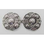 A SILVER ALEXANDER RITCHIE CLOAK CLASP with Celtic knotwork bosses and panels, stamped A.R Iona to