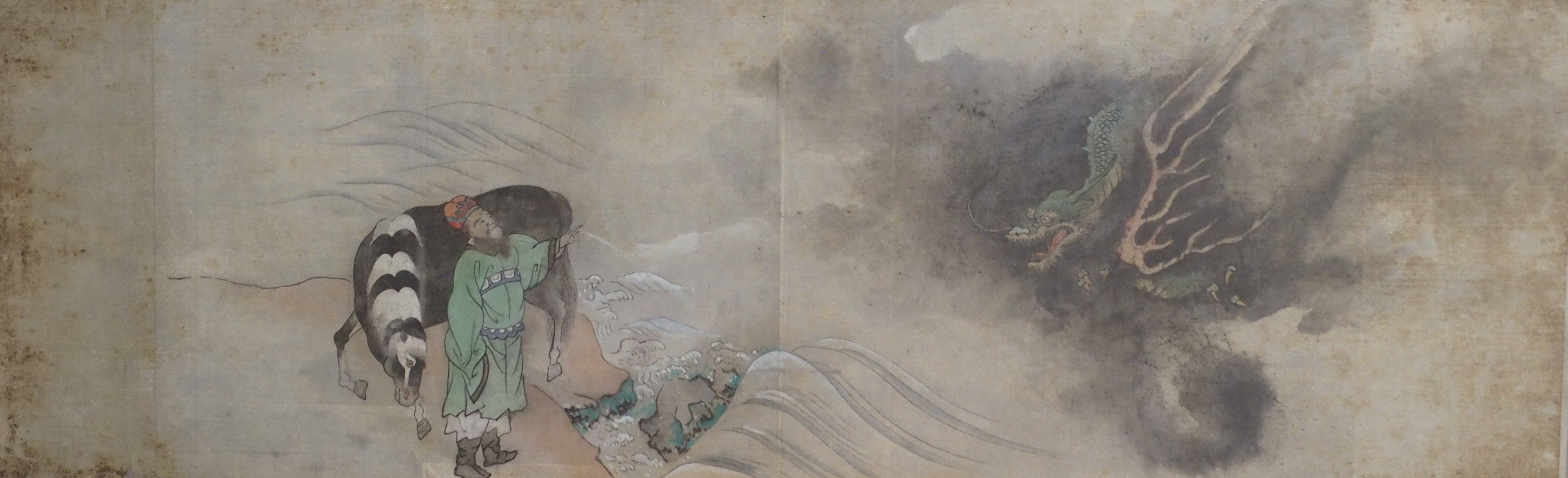 A CHINESE PAINTING OF MA SHIHUANG standing with horse before a river and confronted by a dragon,