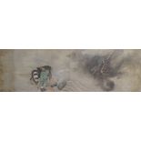 A CHINESE PAINTING OF MA SHIHUANG standing with horse before a river and confronted by a dragon,