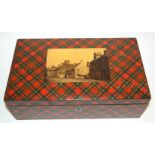 A LARGE TARTAN WARE BOX WITH PICTORIAL COVER two Mauchline ware boxes and aide memoire with floral