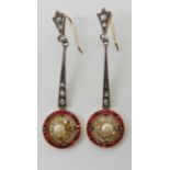 A PAIR OF CONTINENTAL RED GEM AND ROSE CUT DIAMOND DROP EARRINGS mounted in yellow and white