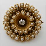 A BRIGHT YELLOW METAL PEARL AND DIAMOND FLOWER BROOCH diamond estimated approx 0.12cts, diameter