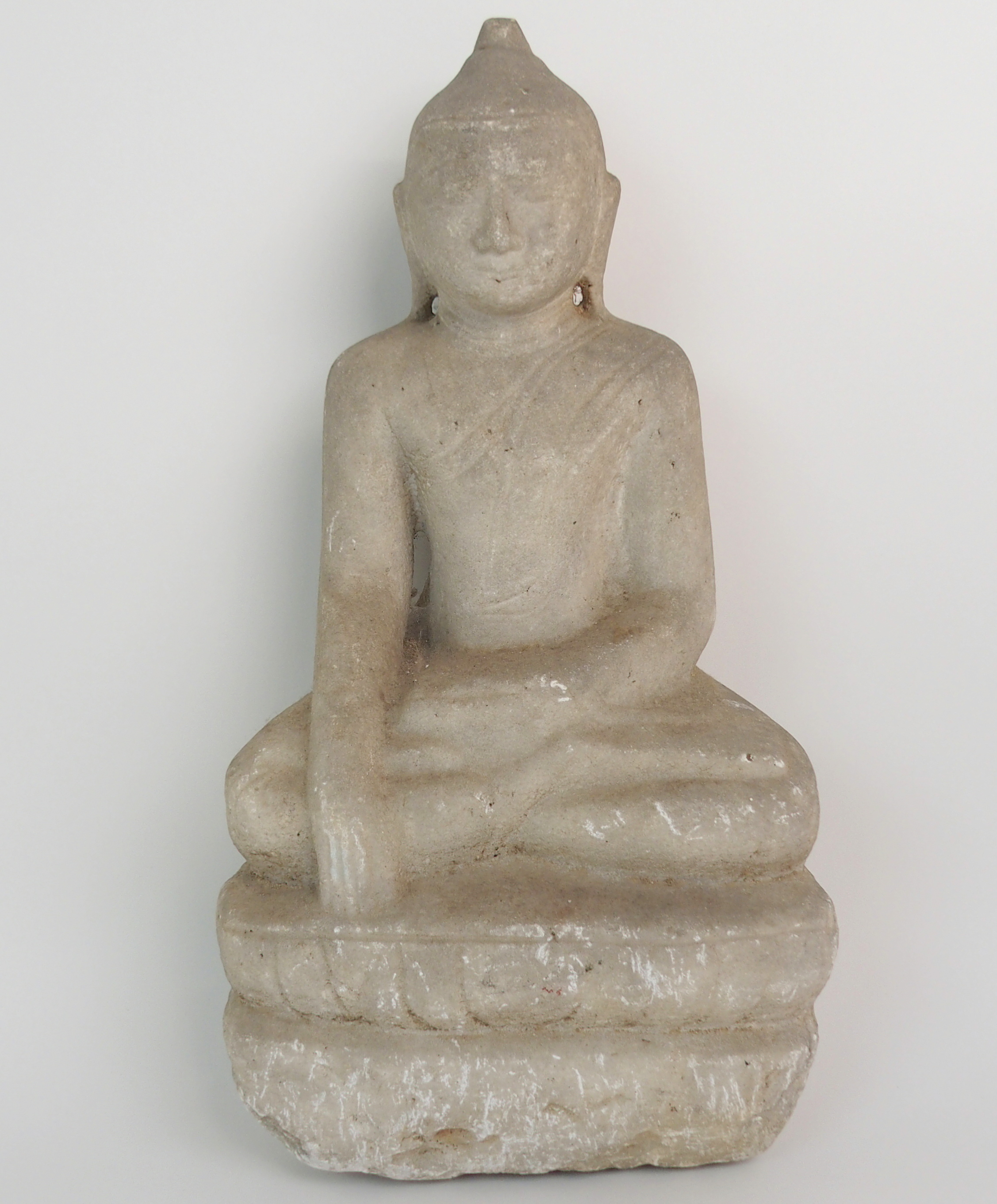 AN INDIAN WHITE MARBLE STATUE OF BUDDHA seated in lotus position on a high raised lotus throne, 39cm - Image 3 of 5