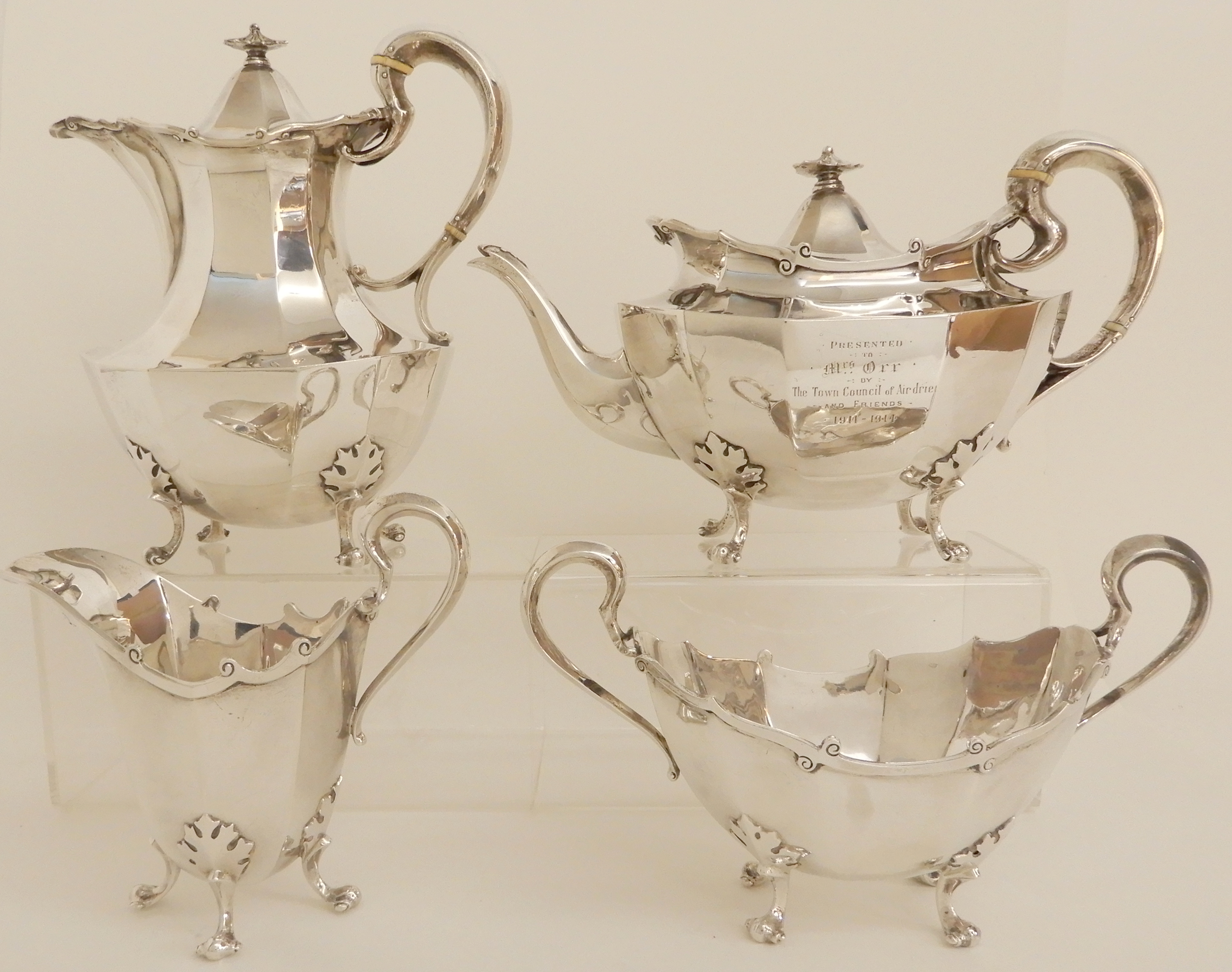 A FOUR PIECE SILVER TEA SERVICE by James Ballantyne & Son, Glasgow 1916, of faceted oval form with - Image 2 of 14