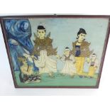 FIVE BURMESE REVERSE PAINTED PANELS depicting military figures, 45 x 40cm, noble ladies with