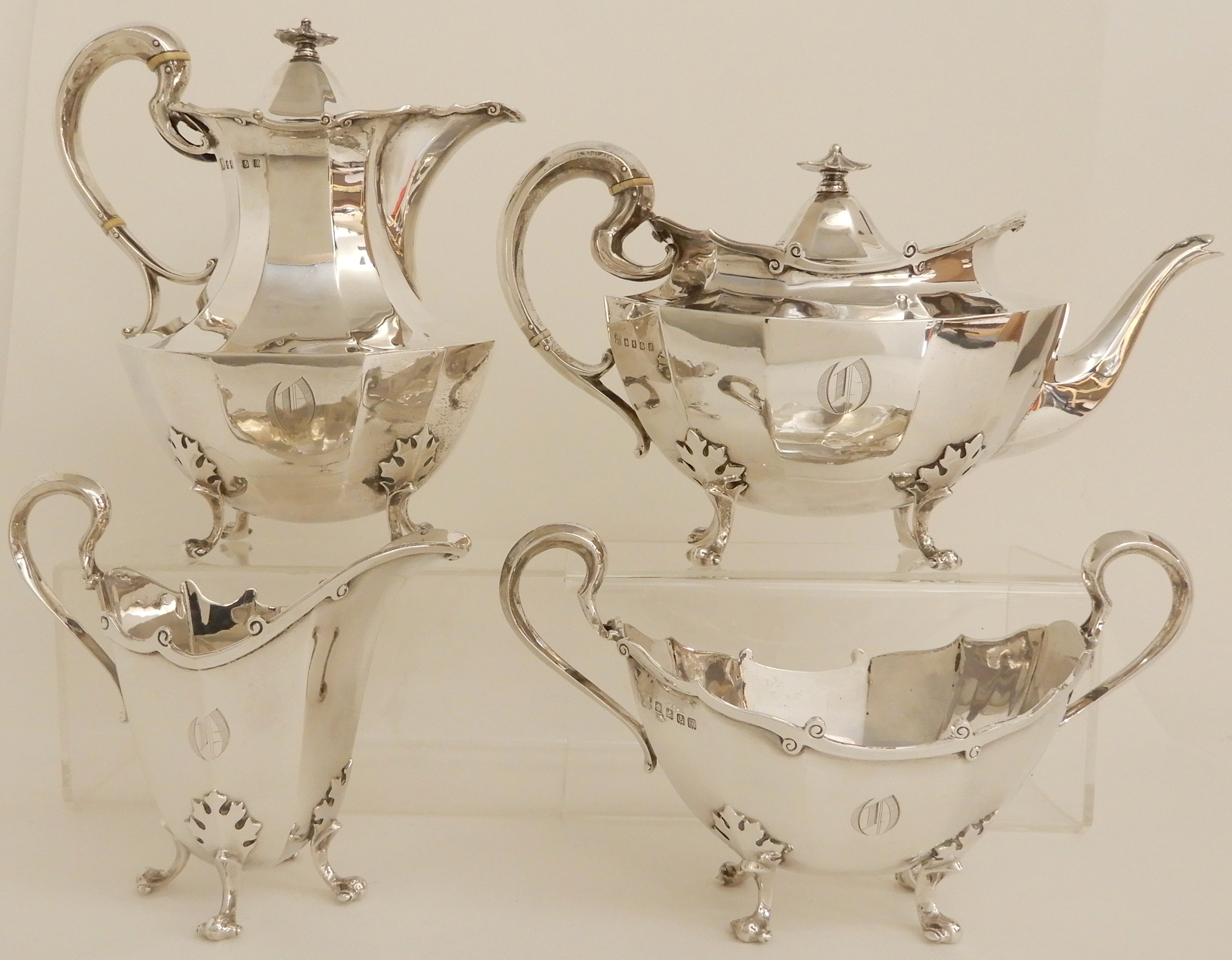 A FOUR PIECE SILVER TEA SERVICE by James Ballantyne & Son, Glasgow 1916, of faceted oval form with - Image 14 of 14