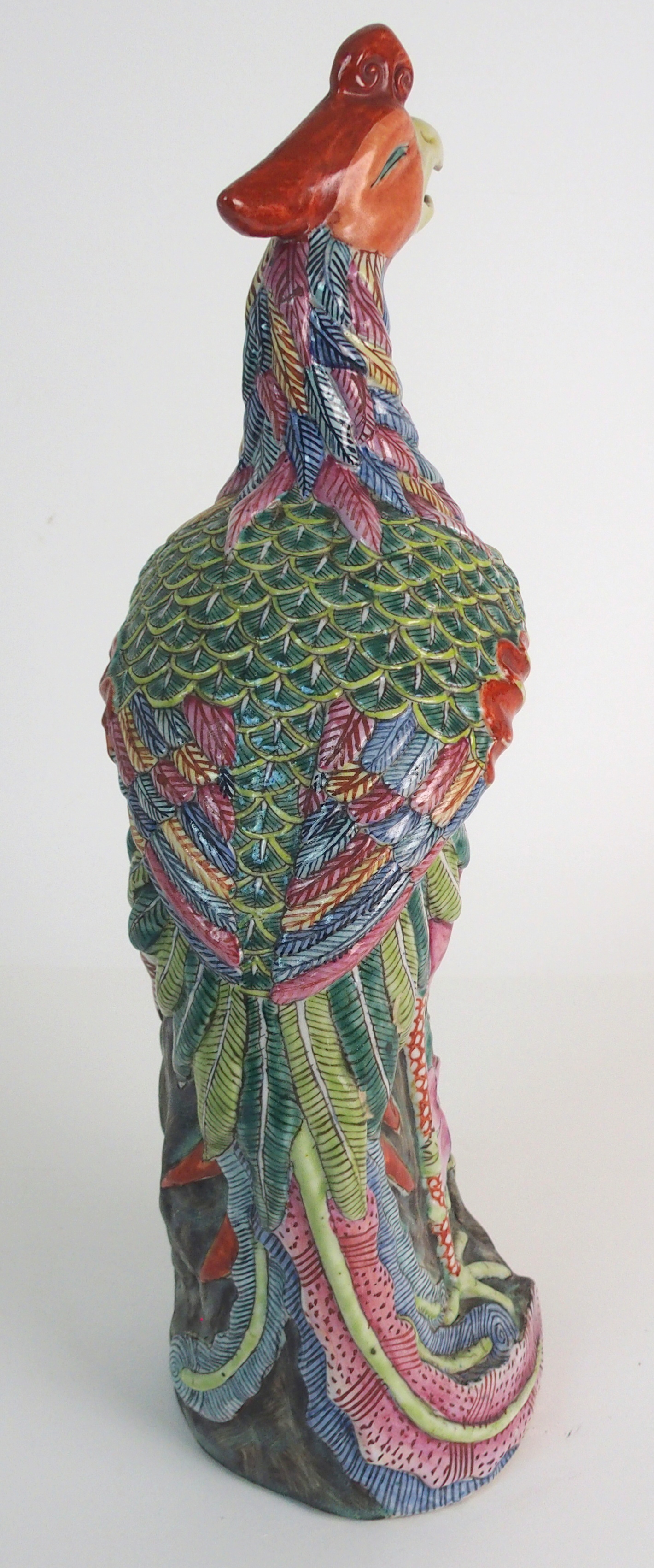 A CHINESE FAMILLE ROSE MODEL OF A PEACOCK brightly coloured and standing on pierced rockwork, 36.5cm - Image 5 of 11