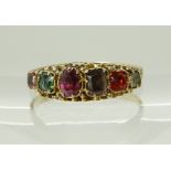A 15CT GOLD VICTORIAN 'REGARD' RING set with coloured faux gems spelling out the word 'Regard'