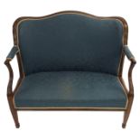A WALNUT SALON SOFA UPHOLSTERED IN BLUE FABRIC with six square tapering legs, open carved arms