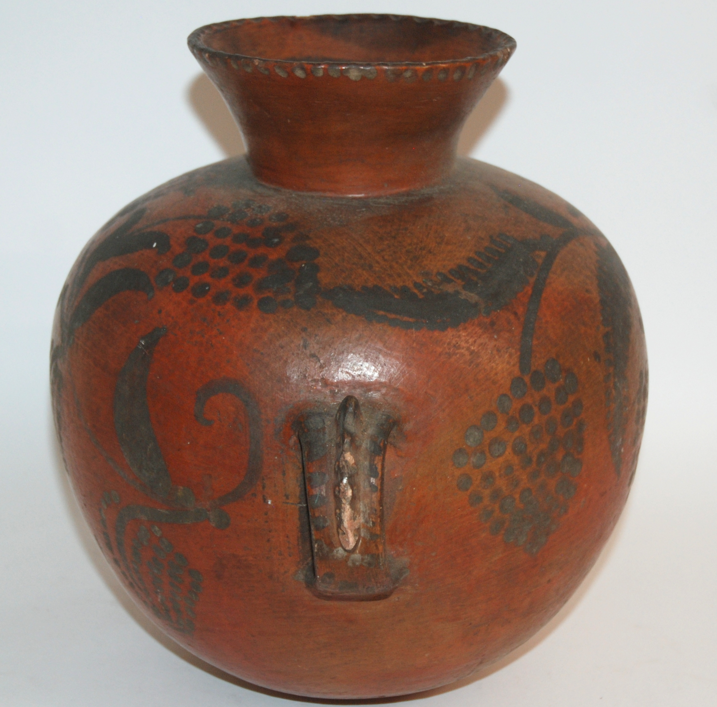 A NIGERIAN POTTERY GOURD SHAPED VESSEL incised and painted with geometric banding in colours, 36cm - Image 8 of 8