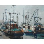 •ETHEL WALKER (SCOTTISH B. 1941) FISHING BOATS AT CRINAN Gouache and paper, signed, 13 x 17cm (5 x 6