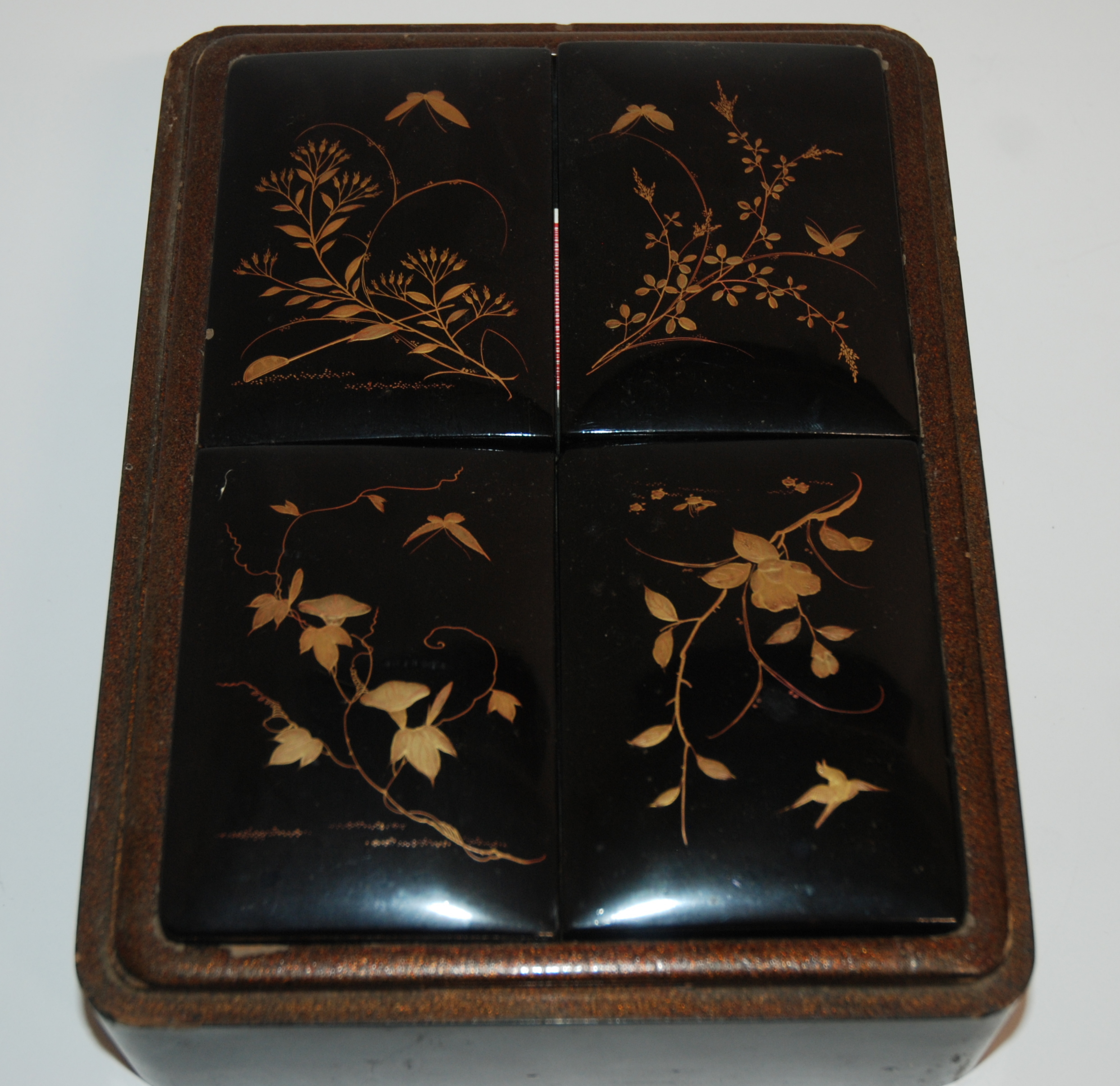 A CHINESE BLACK LACQUERED GAMES BOX the cover decorated with birds and flowers in a river landscape, - Image 7 of 9