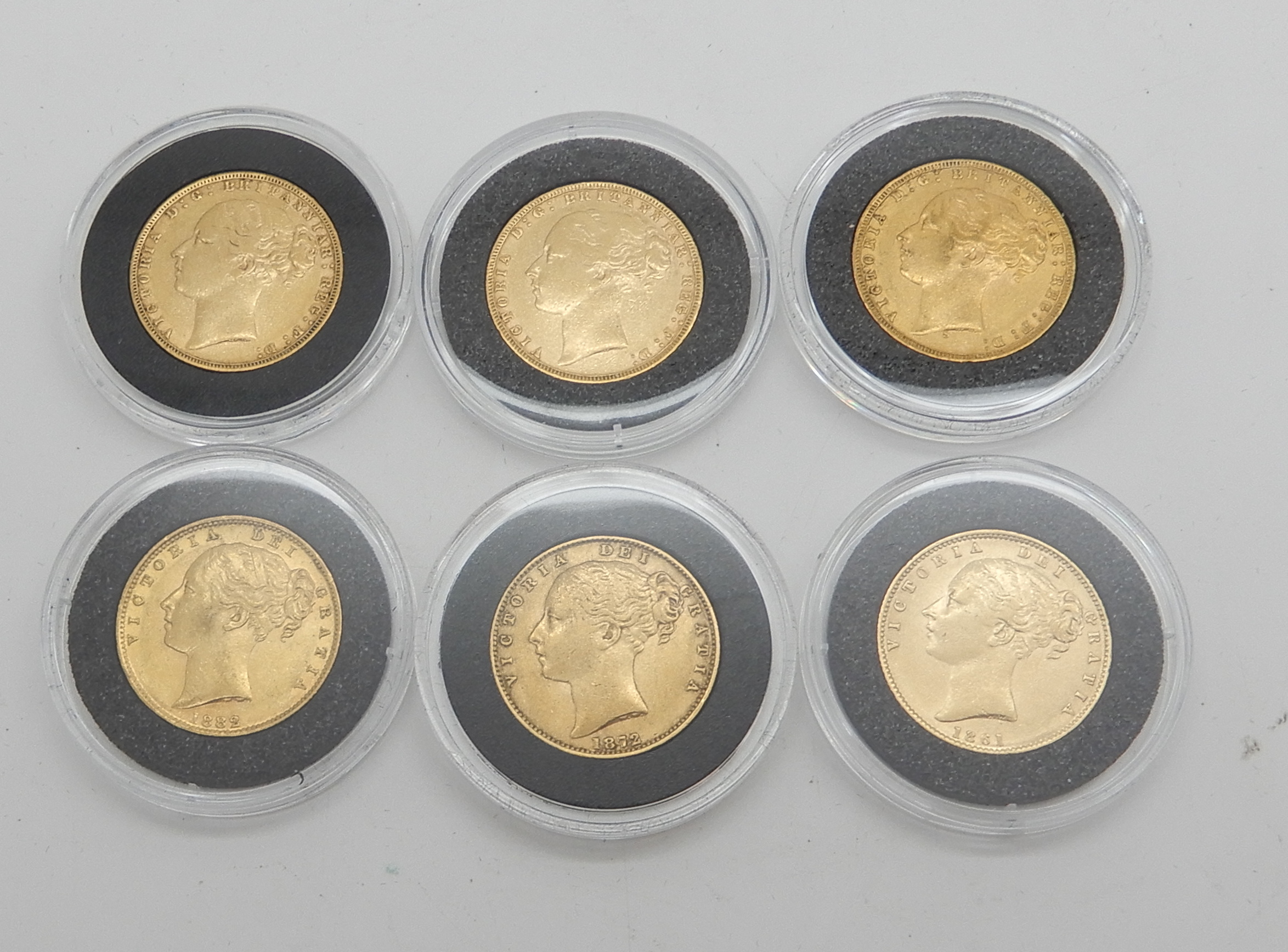 SIX VICTORIAN GOLD FULL SOVEREIGNS 1861, 1872 (3), 1876 and 1882, (encapsulated) (6) Condition - Image 2 of 2